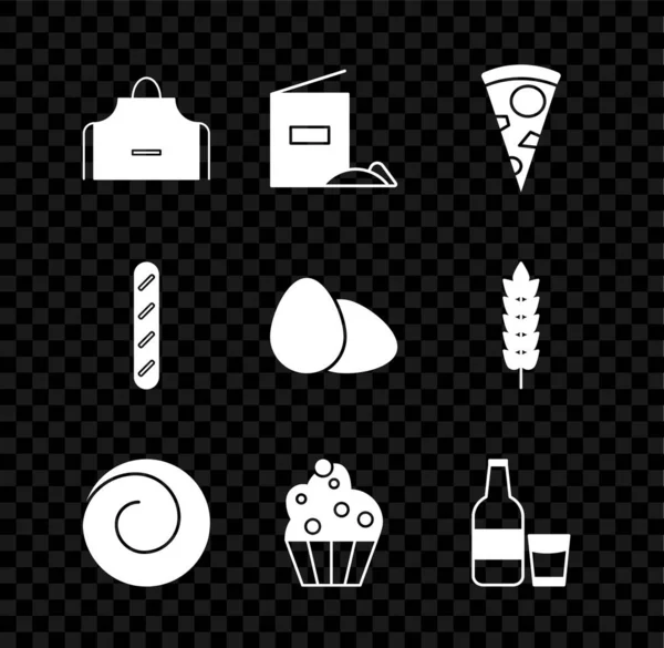Set Kitchen apron, Flour pack, Slice of pizza, Roll bun with cinnamon, Cupcake, Glass bottle milk and glass, French baguette bread and Chicken egg icon. Vector — Stock Vector