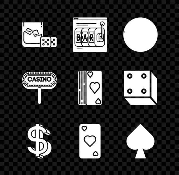 Set Game dice and glass of whiskey with ice cubes, Online slot machine, Casino roulette wheel, Dollar symbol, Playing card heart, spades, signboard and Deck playing cards icon. Vector — Stock Vector