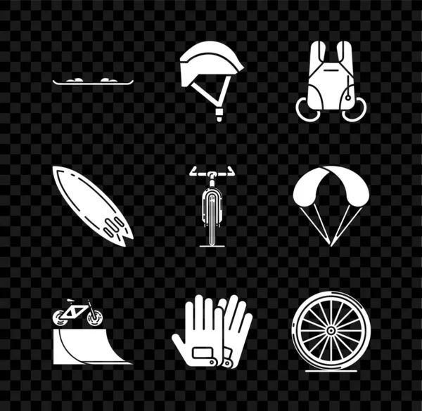 Set Snowboard, Fietshelm, Parachute, op straathelling, Handschoenen, wiel, Surfplank en icoon. Vector — Stockvector