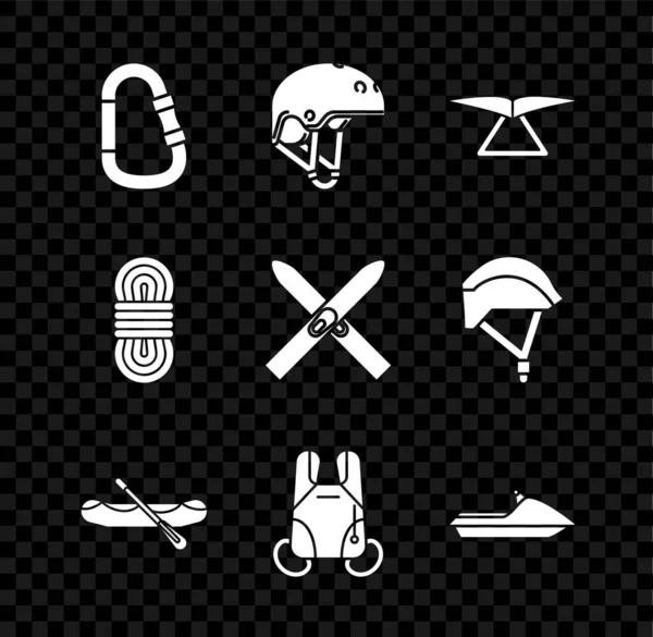 Set Carabiner, Helmet, Hang glider, Rafting boat, Parachute, Jet ski, Climber rope and Ski and sticks icon. Vector — Stock Vector