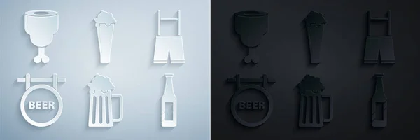 Set Caneca de cerveja de madeira, Lederhosen, tabuleta de rua com inscrição Cerveja, garrafa, vidro e ícone de perna de frango. Vetor —  Vetores de Stock