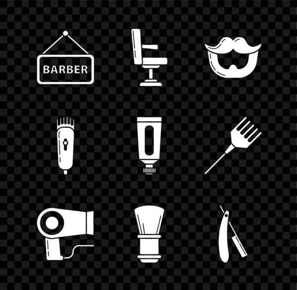 Set Barbershop, chair, Mustache and beard, Hair dryer, Shaving brush, Straight razor, Electrical clipper shaver and Cream lotion cosmetic tube icon. Vector — Stock Vector