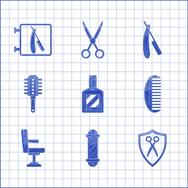 Set Aftershave, Classic Kapper winkel paal, Schaar kapper en schild, Haarborstel, Barbershop stoel, Rechte scheermes en met pictogram. Vector — Stockvector