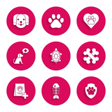 Kaplumbağa, balık iskeleti, hayvan sağlığı sigortası çapraz kemikler, köpek için yiyecek çantası veteriner kliniği sembolü, hayvan ayak izli kalp ve köpek ikonu. Vektör