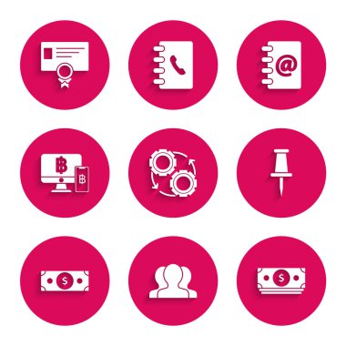 İş akışı konsepti olarak Gear ve okları ayarla, kullanıcı grubu, kağıt para destesi, pin, cep telefonu bitcoin ile bilgisayar monitörü, adres defteri ve sertifika şablonu simgesi. Vektör