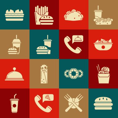 Set Burger, karton kutuda Asya eriştesi, nachos tabağı, tortilla ile taco, kamış bardağı, saman burger, sandviç ve yiyecek siparişi ikonu. Vektör