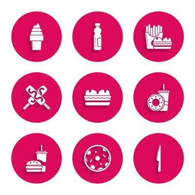 Sandviç, pizza, bıçak, saman çöreği, hamburger, dondurma, hamburger, patates kızartması kutusu ve waffle konisi ikonu ile birlikte kağıt bardak. Vektör