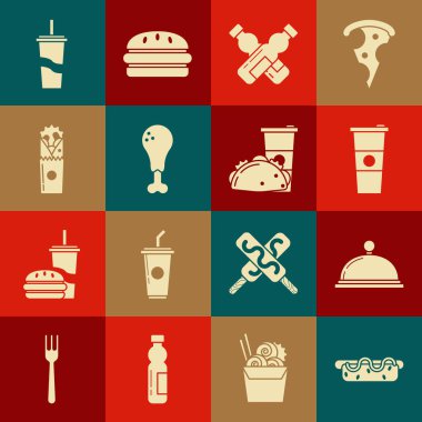 Hotdog sandviçi, hardallı, kaplanmış yiyecek tepsisi, cam su, çapraz şişe, tavuk budu, çörek kebabı, saman ve taco tortilla ikonu. Vektör