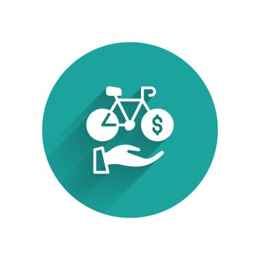 Uzun gölgeli beyaz bisiklet kiralama mobil uygulama simgesi izole edildi. Şehirde bisiklet kiralamak için iyi bir servis. Paylaşım sistemi için mobil uygulama. Yeşil daire düğmesi. Vektör