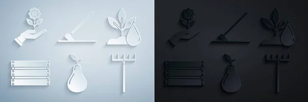 Szett körte, Öntözőnövény, Fa doboz, Kerti gereblye, munka és kézi virág ikon. Vektor — Stock Vector