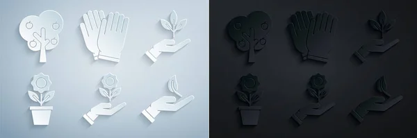 Set Hand holding flower, Plant hand of environmental protection, Ανθοδοχείο, βλαστάρι, γάντια κήπου και δέντρο με εικονίδιο μήλου. Διάνυσμα — Διανυσματικό Αρχείο