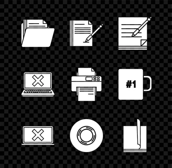 Définissez le dossier Document, le bloc-notes et le stylo vierges, la marque de croix pour ordinateur portable à l'écran, le scotch, le document Fichier et l'icône Imprimante. Vecteur — Image vectorielle