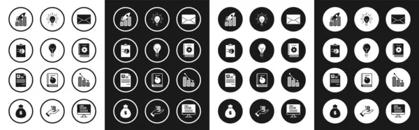 Set Umschlag, Glühbirne mit Konzept der Idee, Zwischenablage Diagramm, Rakete fliegen Münzen Wachstum, Bedienungsanleitung, Strahlen leuchten und, Pie-Infografik und Resume-Symbol. Vektor — Stockvektor