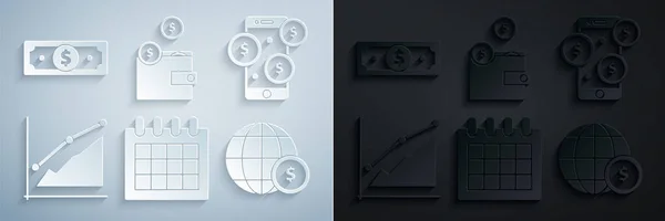 Set calendrier, Smartphone avec symbole dollar, graphique à secteurs infographie, globe terrestre, pièces de portefeuille et pile argent papier icône de trésorerie. Vecteur — Image vectorielle