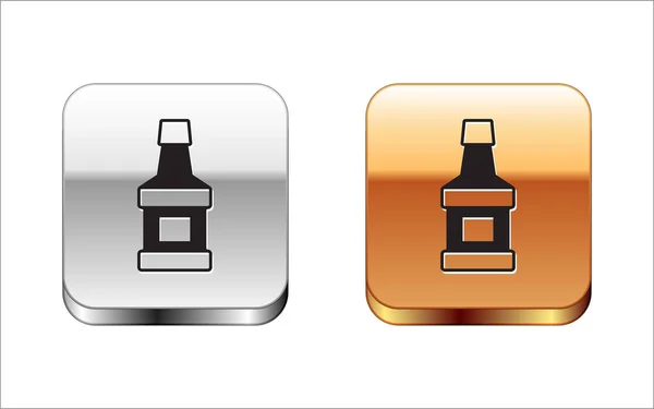 Zwarte Whiskey fles pictogram geïsoleerd op witte achtergrond. Zilveren en gouden vierkante knopen. Vector — Stockvector