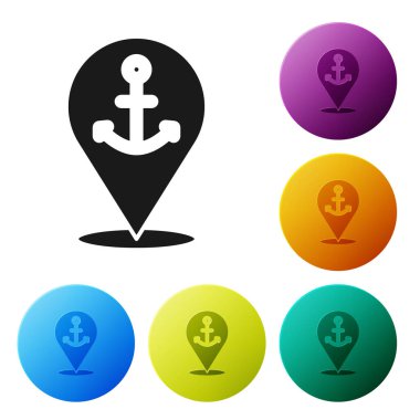 Beyaz zemin üzerinde çapa simgesi olan siyah harita işaretçisi. Simgeleri renk daire düğmelerine ayarla. Vektör