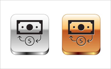 Siyah Yığınlar kağıt para para ikonu beyaz arka planda izole. Para desteleri. Para birimi. Gümüş-altın kare düğme. Vektör