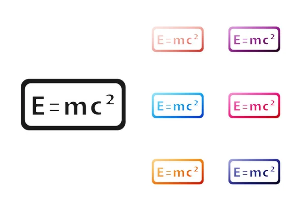 Sistema de matemáticas negro de la solución de ecuación icono aislado sobre fondo blanco. E es igual a mc ecuación cuadrada en la pantalla de la computadora. Establecer iconos de colores. Vector — Vector de stock