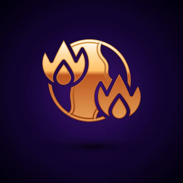 Oro Icono de fuego del calentamiento global aislado sobre fondo negro. Vector — Vector de stock