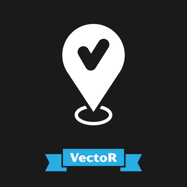 Pin de mapa blanco con icono de marca de verificación aislado sobre fondo negro. Navegación, puntero, ubicación, mapa, GPS, dirección, lugar, brújula, concepto de búsqueda. Vector — Vector de stock