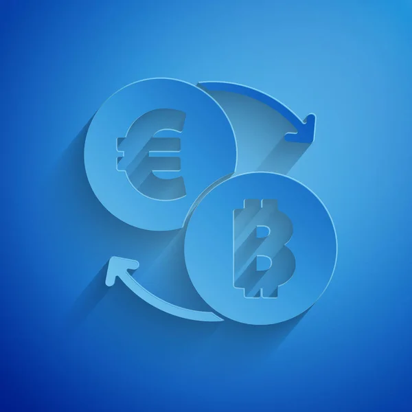 Řez papíru Ikona výměny kryptoměn izolované na modrém pozadí. Bitcoin na euro ikonu směny. Kryptoměnová technologie, mobilní bankovnictví. Papírový styl. Vektor — Stockový vektor