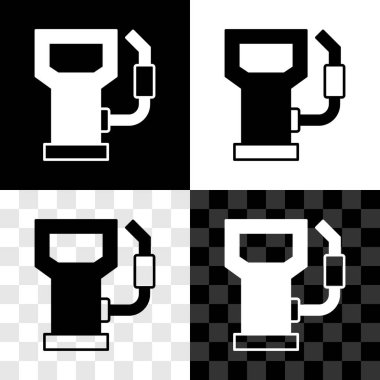 Benzin istasyonu simgesini siyah beyaz, şeffaf arkaplanda izole edin. Araba yakıtı sembolü. Benzin pompası. Vektör