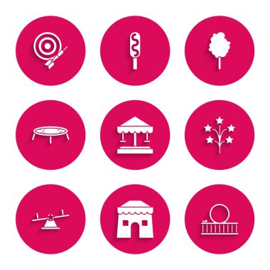 Cazibe Atlıkarınca, Sirk Çadırı, Hız treni, Havai fişekler, Tahterevalli, Atlayan trambolin, Pamuk Şeker ve Klasik dart tahtası ikonu. Vektör