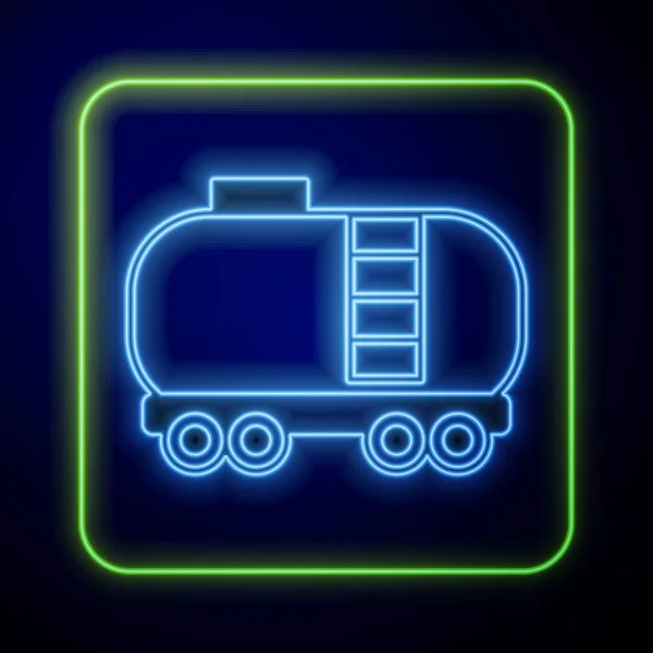 Светящаяся икона железнодорожной цистерны из неоновой нефти выделена на синем фоне. Поезд нефтяной бак на железнодорожном вагоне. Железнодорожный груз. Нефтяная промышленность. Вектор — стоковый вектор