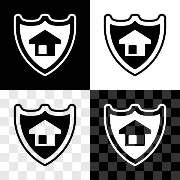 Set Huis met schild pictogram geïsoleerd op zwart-wit, transparante achtergrond. Verzekeringsconcept. Beveiliging, veiligheid, bescherming, bescherming concept. Vector — Stockvector