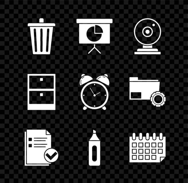 Définir poubelle, calendrier, graphique, diagramme, infographie, graphique à secteurs, caméra Web, Document et coche, stylo marqueur, calendrier, tiroir des documents d'archives et icône de réveil. Vecteur — Image vectorielle