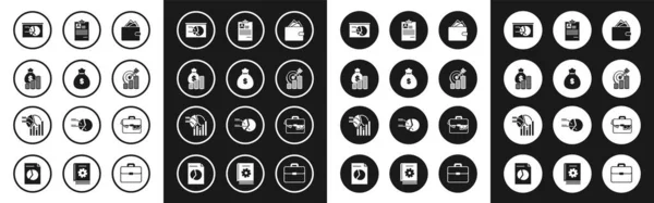 Set Brieftasche mit Stapeln Papiergeld Bargeld, Geldbeutel und Münze, Board Diagramm, Target Symbol, Zwischenablage Lebenslauf, Aktenkoffer und Pie Infografik-Symbol. Vektor — Stockvektor