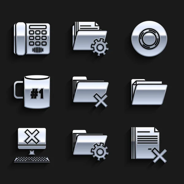 Delete folder, Folder set with gear, file document, Document, Computer keyboard and x mark, Coffee cup flat, Scotch and Telephone icon. Vector — 스톡 벡터