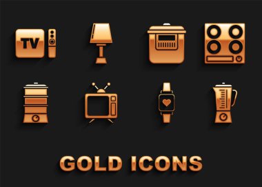 Televizyon, gaz sobası, blender, kalp atış hızını gösteren akıllı saat, çift kazan, yavaş fırın, TV kutusu alıcısı ve uzaktan kumandalı oyuncu ve masa lambası ikonu. Vektör
