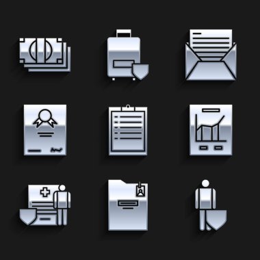 Panoyu kontrol listesi, hayat sigortası kalkanı, doküman grafik şeması, tıbbi dosya klinik kaydı, sertifika şablonu, e-posta ve e-posta ve kağıt para nakit ikonu ile ayarla. Vektör