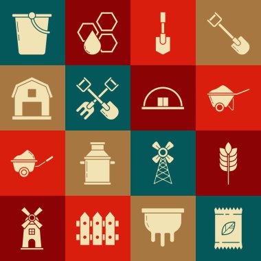 Özel bir bitkinin tohumlarıyla dolu bir paket hazırla pirinç, buğday, mısır, yulaf, çavdar, el arabası tozu, kürek ve tırmık, çiftlik evi kavramı, kova ve hangar ikonu. Vektör