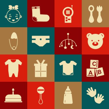 Bebek eli baskısı, ABC blokları, oyuncak ayı peluş oyuncak, Monitor Walkie Talkie, emici bebek bezi klasik çelik iğne, mutlu küçük kız kafası ve bebek oyuncağı asılı oyuncak ikonu. Vektör