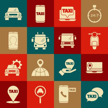 Taksi çağrı servisini, konum işaretli dizüstü bilgisayarı, Scooter 'ı, taksiyi, Trolleybus' u, Araba ve Otobüs simgesini ayarla. Vektör