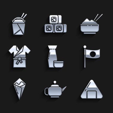 Geleneksel Japon çay seremonisi, suşi, bayrak direği, temaki rulo, kostüm Kimono, yemek çubuğu ve Asya eriştesi karton kutu ve yemek çubuğu ikonu ile pirinç. Vektör