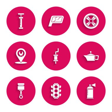 Araba susturucusu, trafik ışığı, boya spreyi, motor yağı için teneke kutu, motor pistonu, servis, tekerlek ve simge. Vektör