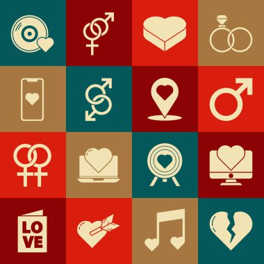 Kırık kalp ya da boşanma, bilgisayar monitörü, erkek cinsiyet sembolü, Şekerleme kutusu, cep telefonu, romantik müzik ve harita işaretleyici simgesi. Vektör