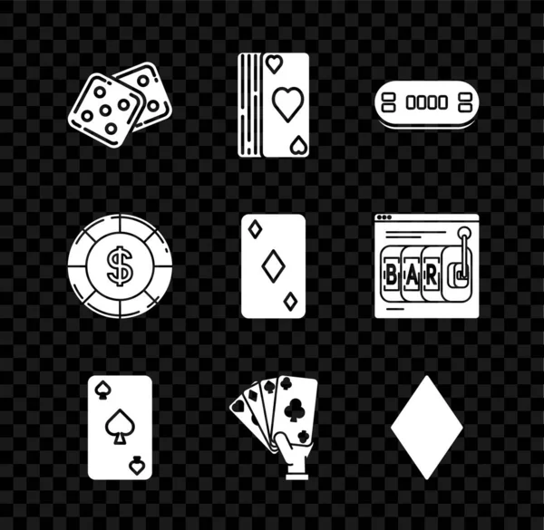 Jeu de dés, Deck de cartes à jouer, Table de poker, Jouer avec le symbole de pique, Tenue de main, diamants, dollar de jeton de casino et icône. Vecteur — Image vectorielle