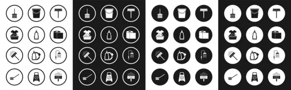 Set Squeegee, schraper, ruitenwisser, Plastic flessen voor vloeibare vaatwasvloeistof, wastafel met zeepcapsules, Handvat bezem, Toiletpapier rol, Emmer, douchekop druppels stromend water en pictogram. Vector — Stockvector