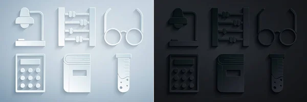 Set Book, szemüveg, számológép, kémcső és lombik kémiai laboratórium, Abacus és Asztali lámpa ikon. Vektor — Stock Vector