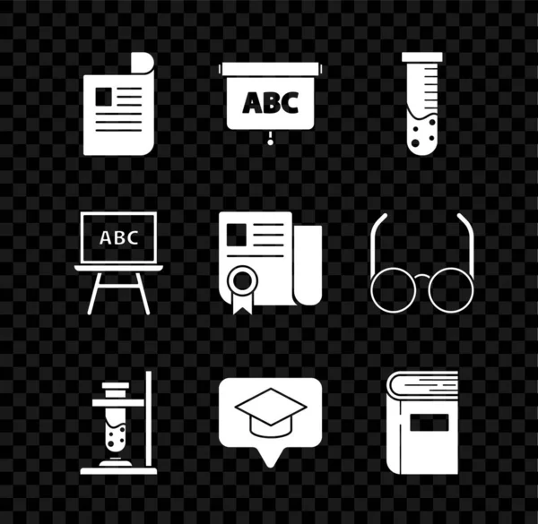 Set Document, Krijtbord, reageerbuis en kolf chemisch laboratorium, Glas test op brand, Graduation cap in spraakzeepbel, Boek, en certificaat sjabloon pictogram. Vector — Stockvector