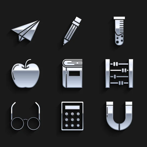 Set Buch, Taschenrechner, Magnet, Abacus, Brille, Apple, Reagenzglas und Kolben Chemielabor und Papier Flugzeug-Symbol. Vektor — Stockvektor