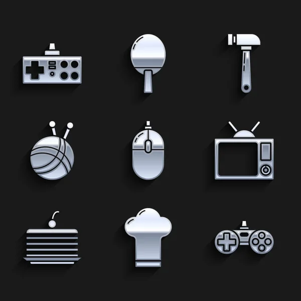 Set Ordenador ratón, Chef sombrero, Gamepad, Televisión, Pastel, Hilado de bola con agujas de tejer, Martillo y el icono. Vector — Vector de stock