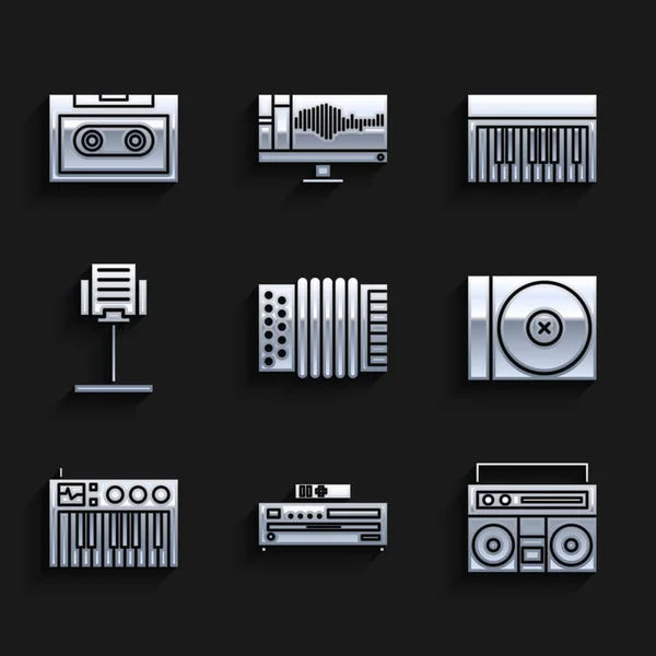 Set Acordeón de instrumentos musicales, reproductor de CD, estéreo para el hogar con dos altavoces, disco DVD, sintetizador, soporte e icono de cinta de audio retro. Vector — Archivo Imágenes Vectoriales