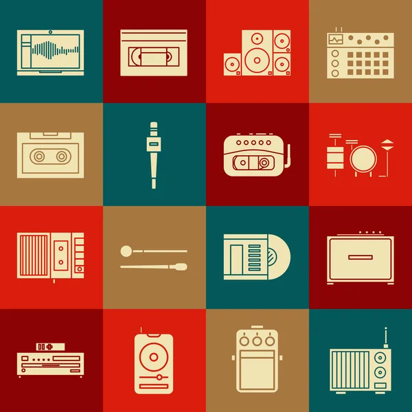 Set Radio with antenna, Guitar amplifier, Drums, Stereo speaker, Microphone, Retro audio cassette tape, Sound or recorder laptop and Music player icon. Vector — Stock Vector