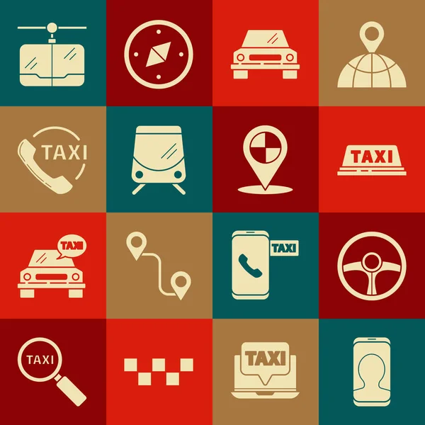 Régler le service téléphonique d'appel de taxi, volant, toit de voiture, voiture, tramway et chemin de fer, câble et pointeur de carte avec icône de taxi. Vecteur — Image vectorielle