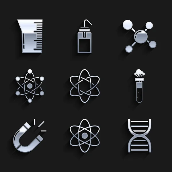 Zestaw Atom, symbol DNA, probówka i kolba chemiczna, magnes, molekuła i szkło laboratoryjne lub ikona zlewki. Wektor — Wektor stockowy